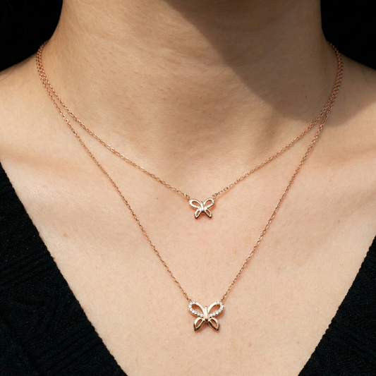 Butterfly shaped rose gold with white cz layered necklace