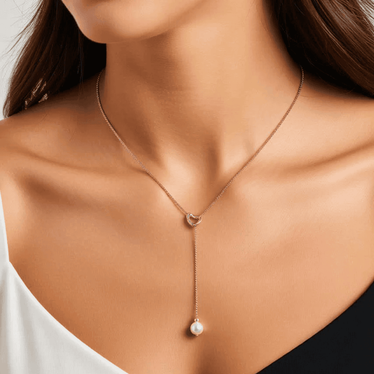 Rose Gold Heart Pearl Lariat Necklace