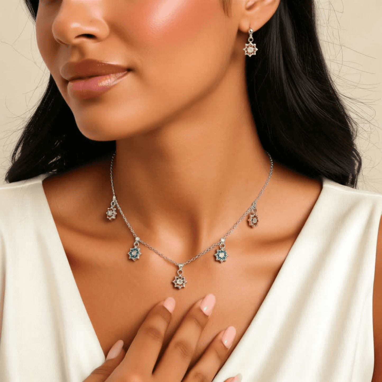 Multi Stone Studded Star Charms Necklace Set