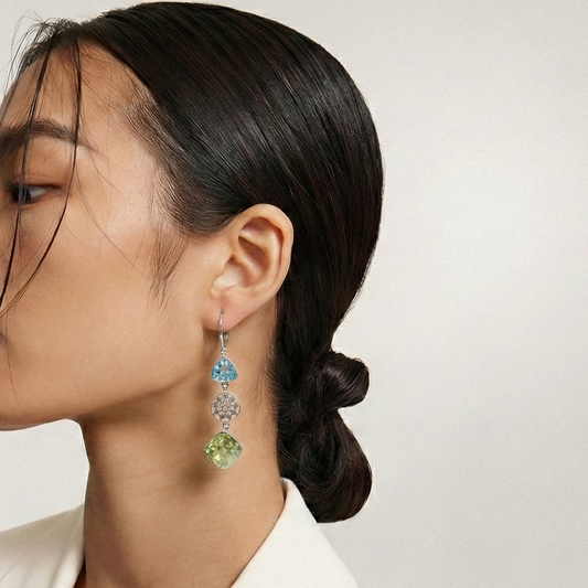 Lemon quartz and sky blue topaz with French hook silver earrings