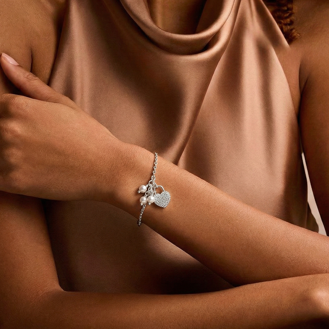 Blisse Allure Sterling Silver Bracelet with Heart shaped Charm and Pearl drops