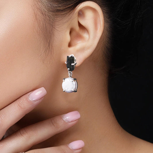Black Tourmaline and Mother of Pearl 925 Sterling Silver Earrings
