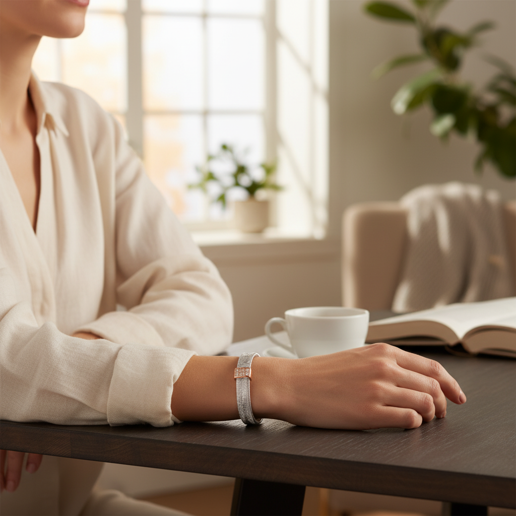 Blisse Allure Elegant Rose Gold Woven Cuff Bracelet with Diamond Accent