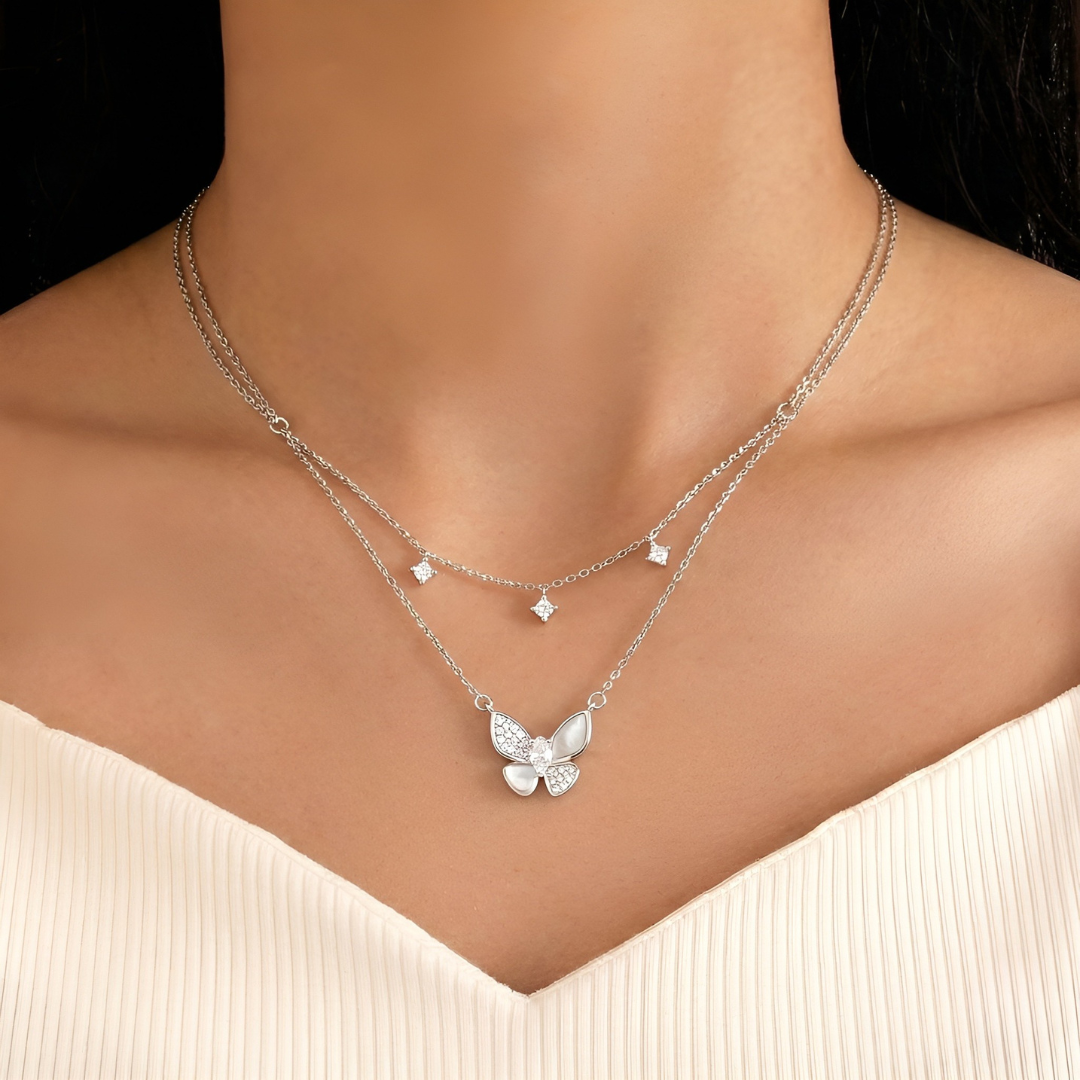 Blisse Allure Sterling Silver Butterfly Motif Layered Necklace