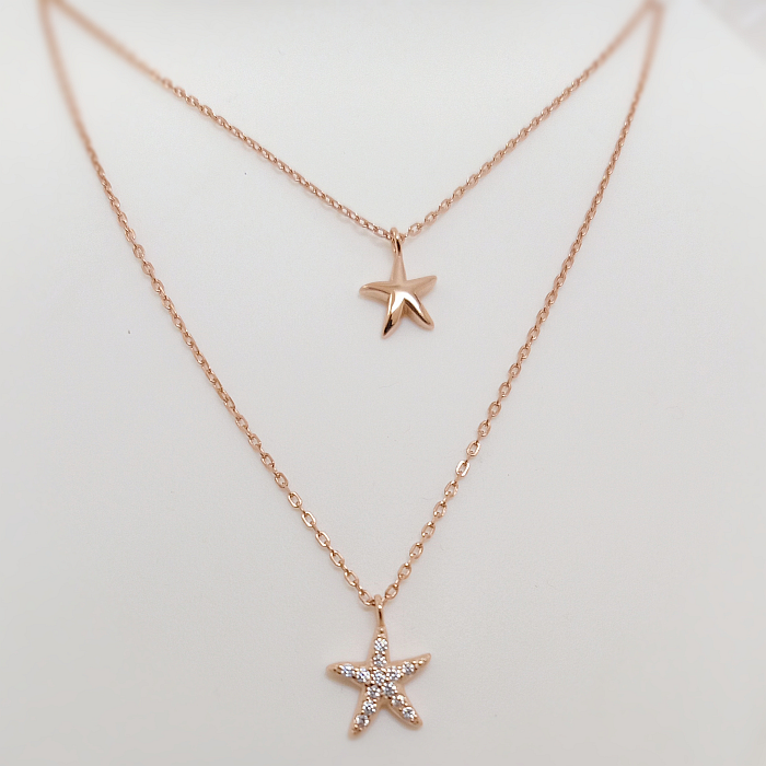 Blisse Allure 925 Sterling Silver Rose Gold Star Fish With CZ Layered Necklace