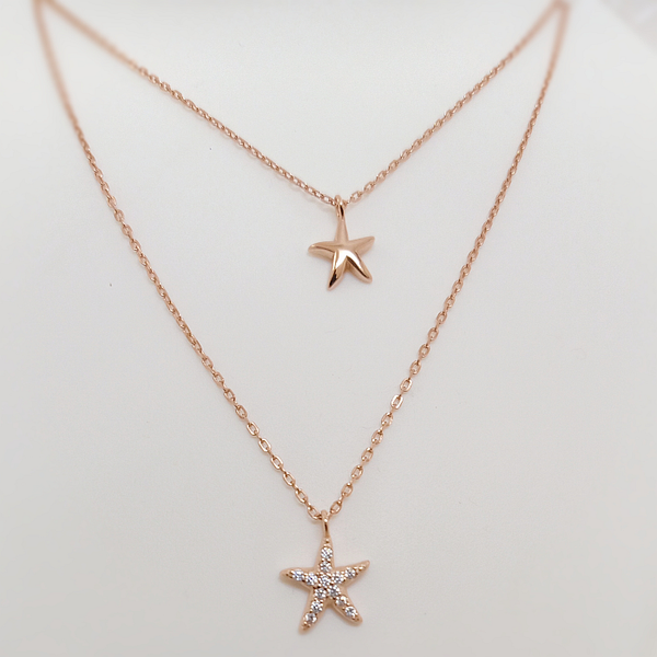 Blisse Allure 925 Sterling Silver Rose Gold Star Fish With CZ Layered Necklace