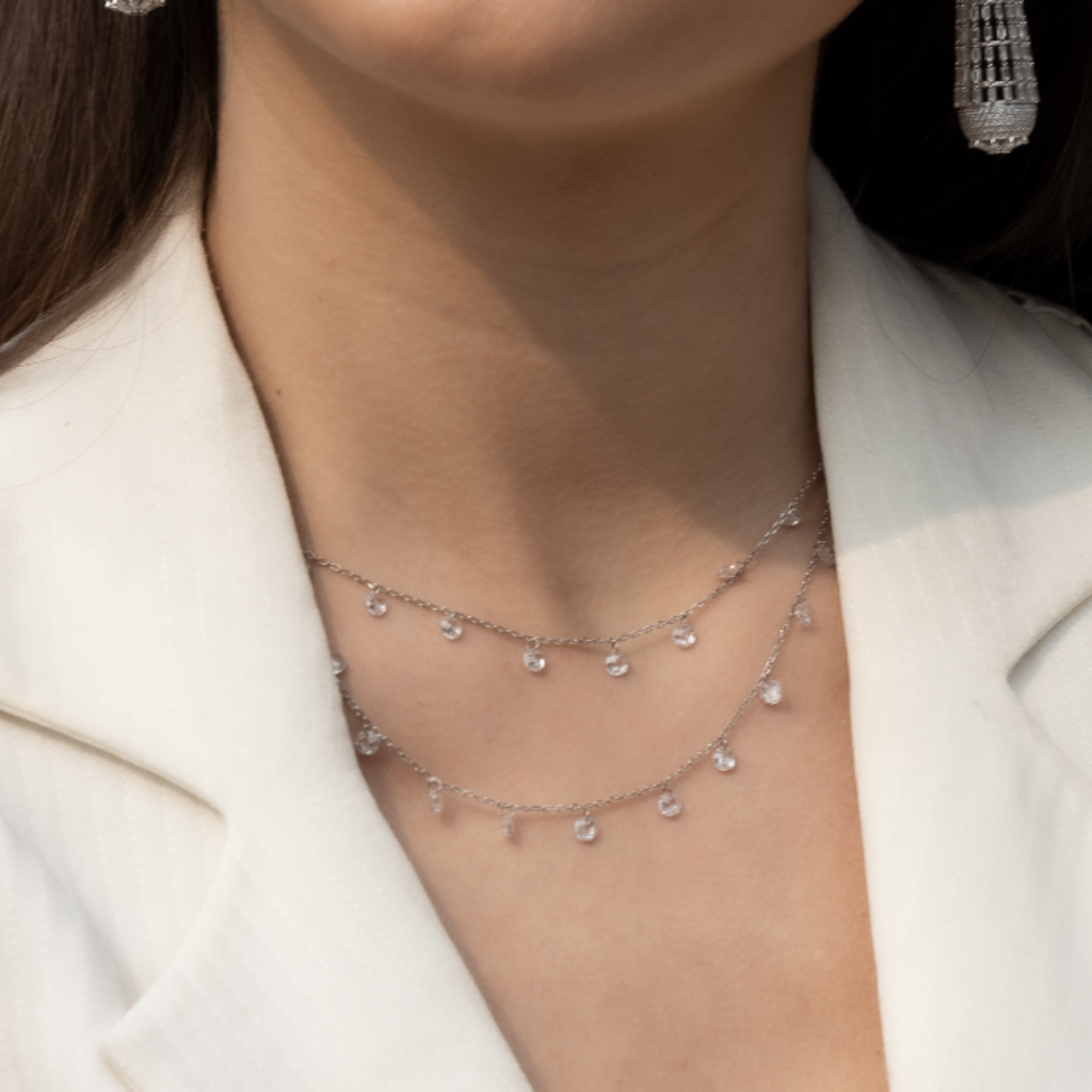 Blisse Allure 925 Sterling Silver White Crystal Layered Necklace