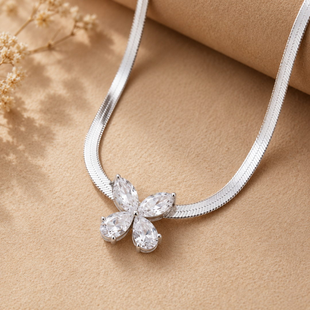 Blisse allure Sparkling Pear-Cut CZ Floral Pendant on 925 Sterling Silver Flat Chain