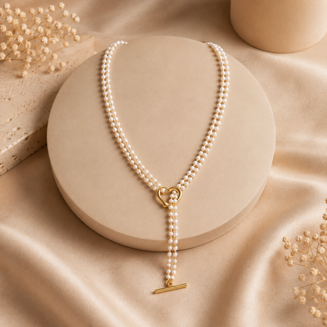 Blisseallure Gold Heart Toggle Double Layer Pearl Necklace for Women