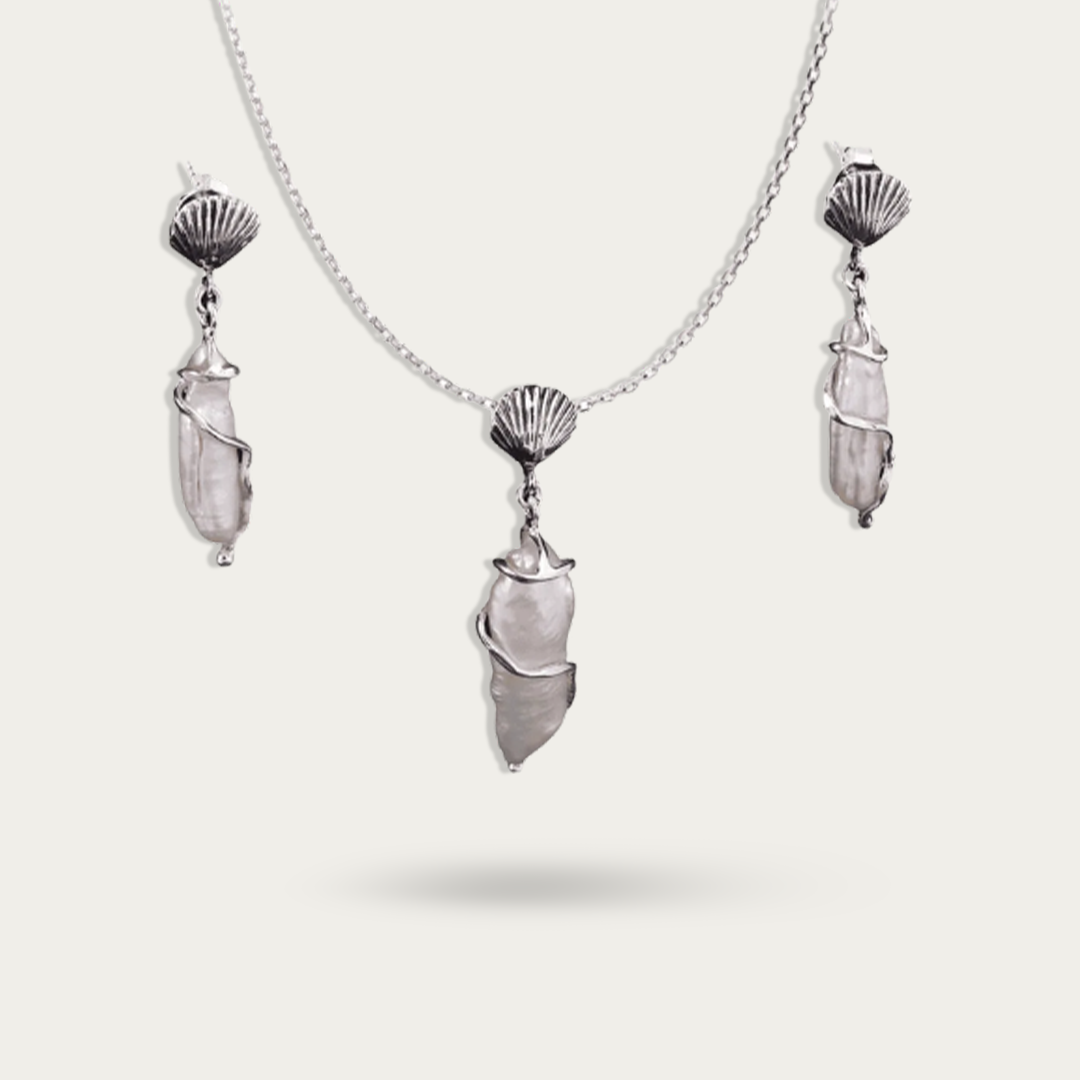 Baroque Pearl Shell Drop 925 Sterling SIlver Earrings & Pendant Set