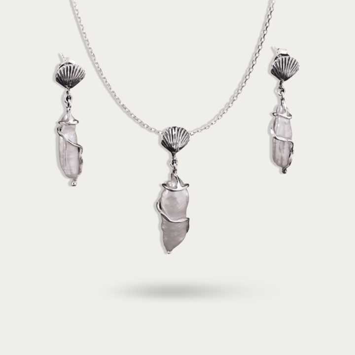 Baroque Pearl Shell Drop 925 Sterling SIlver Earrings & Pendant Set