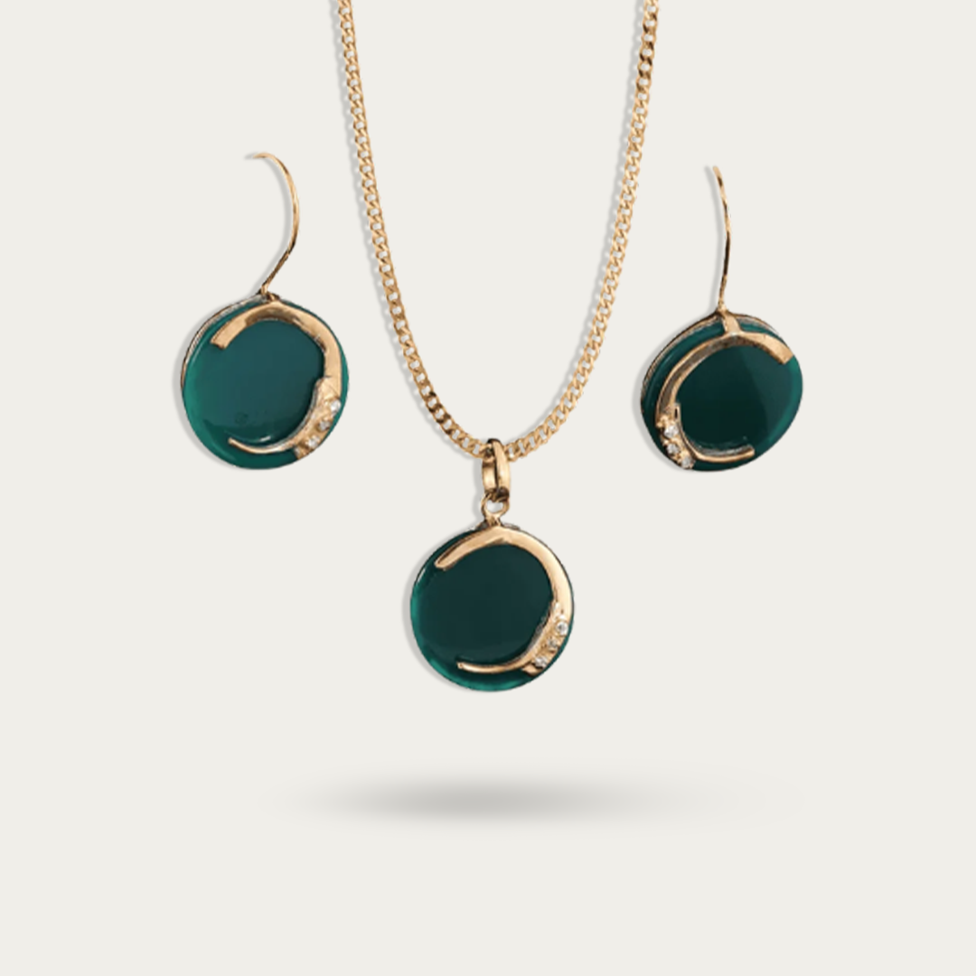 Green Onyx & CZ 925 Sterling Silver Earring and Pendant Set