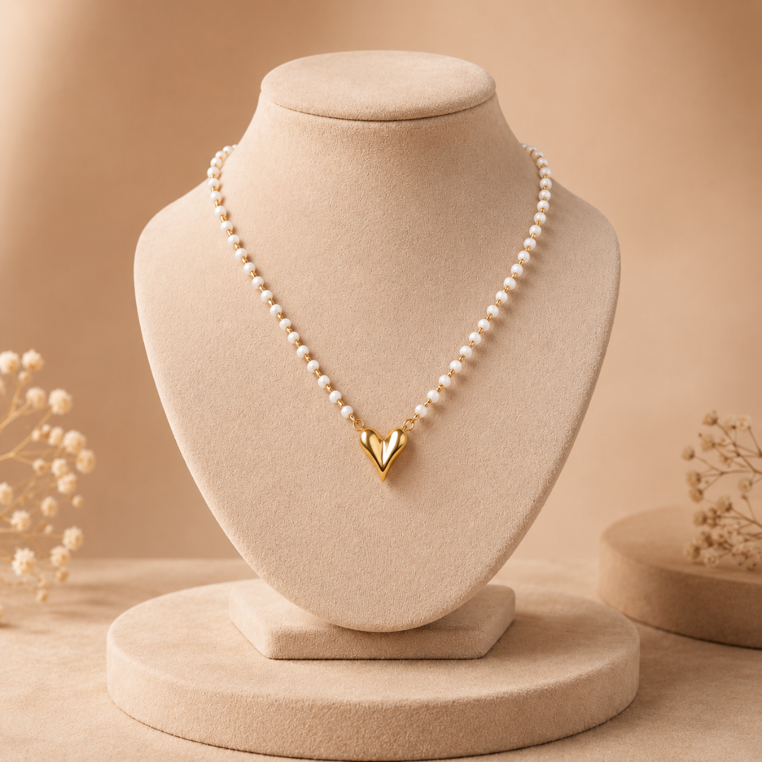 Blisseallure Minimalist Pearl & Golden Heart Necklace for Women