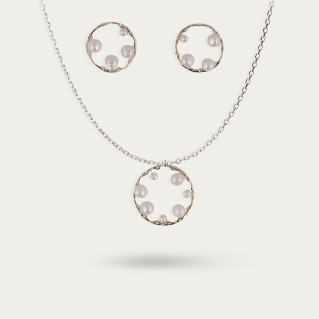 Modern Circle 925 Sterling SIlver Earrings with Freshwater Pearls & Pendant Set