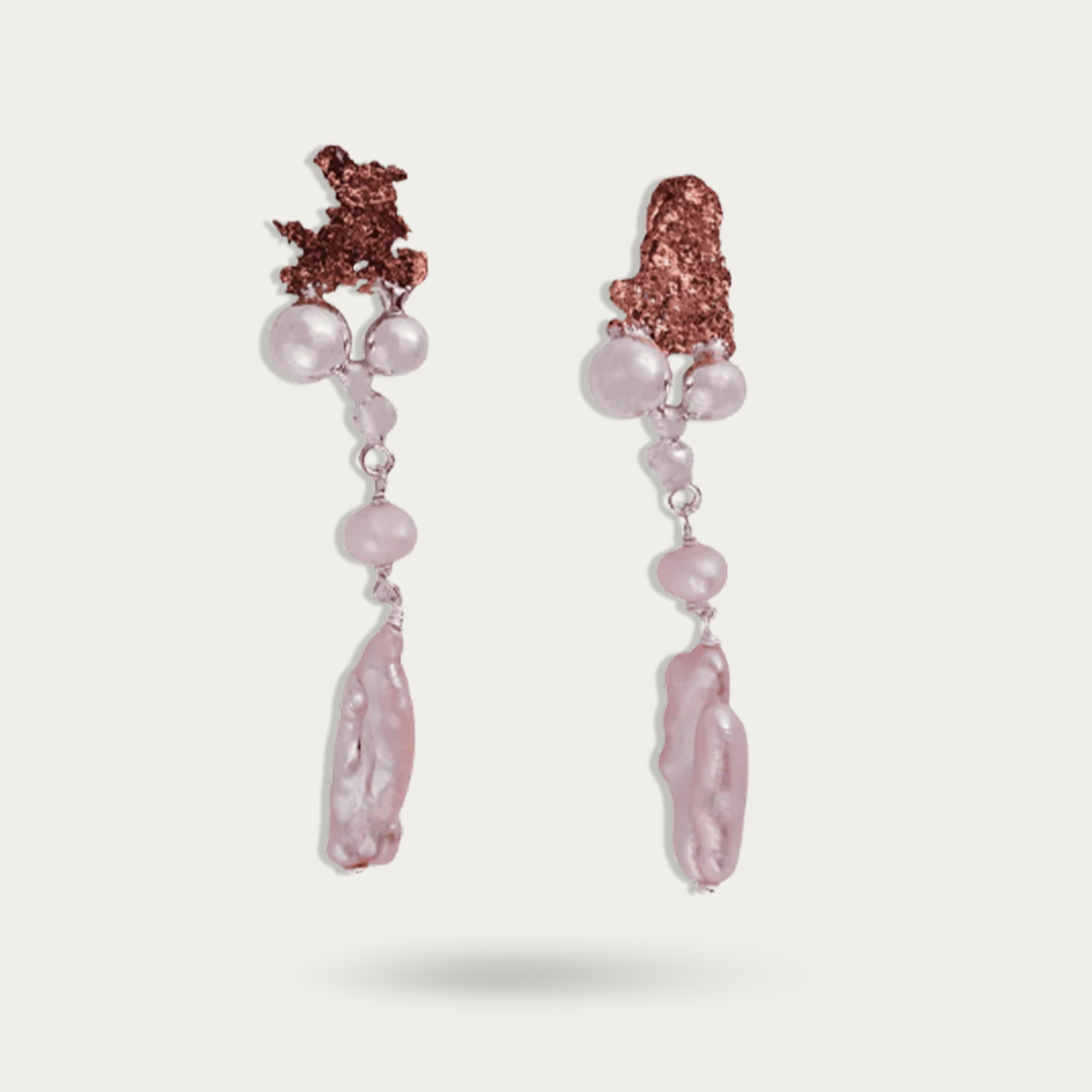 Raw Copper & Baroque Pearl Dangle 925 Sterling Silver Earrings