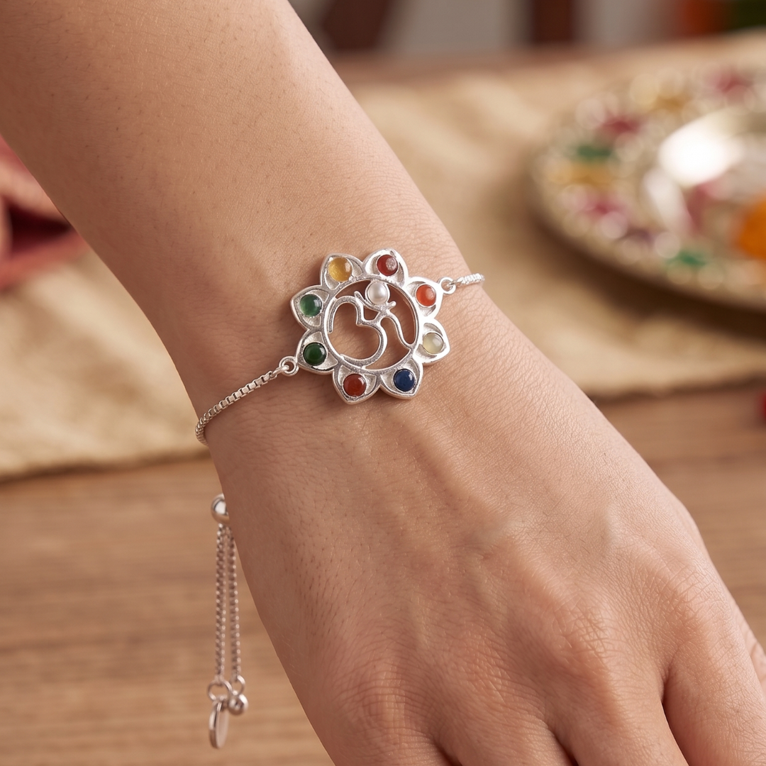 Blisse Allure 925 sterling silver Navratna OM Rakhi for brother