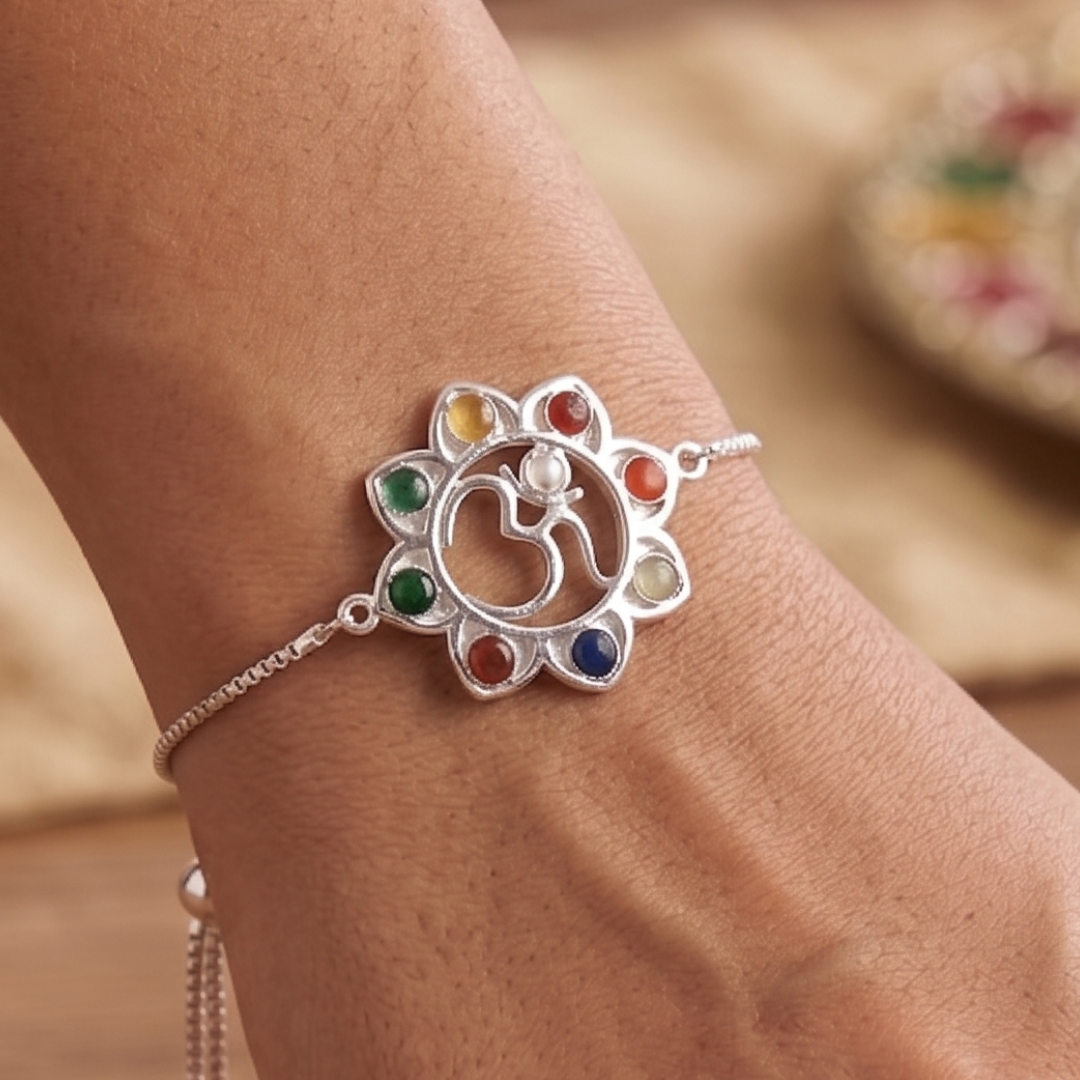 Blisse Allure 925 sterling silver Navratna OM Rakhi for brother
