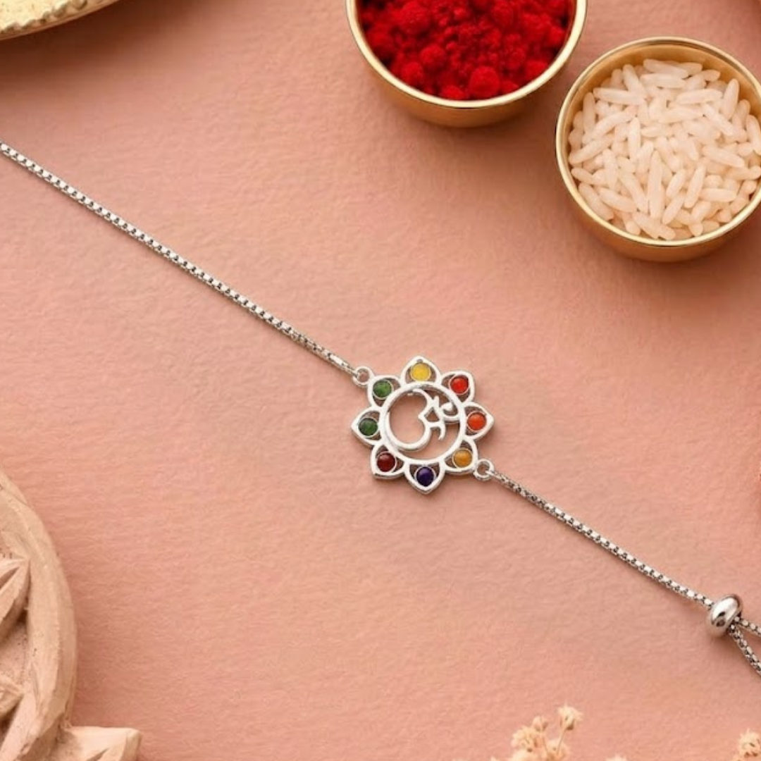 Blisse Allure 925 sterling silver Navratna OM Rakhi for brother