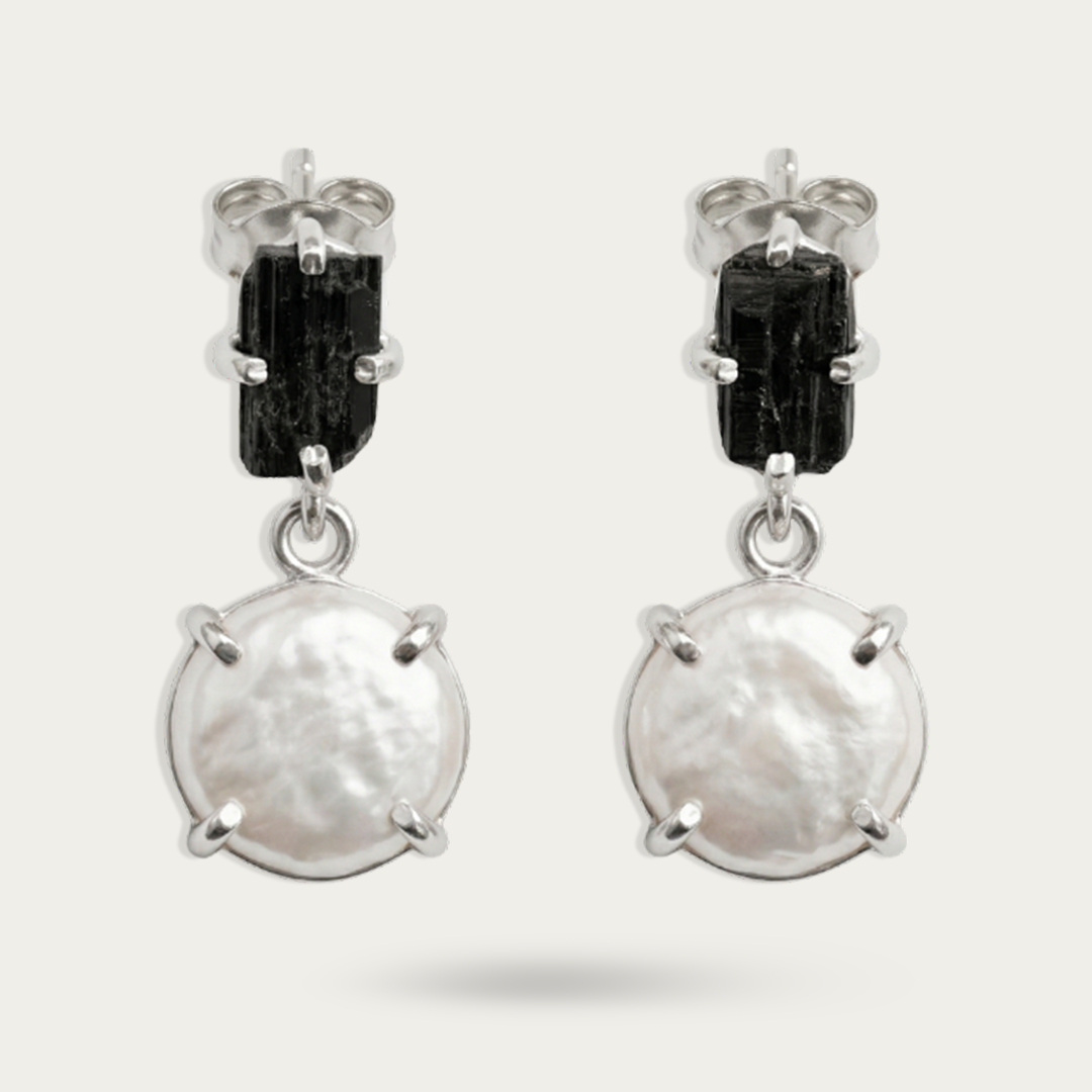 Black Tourmaline and Mother of Pearl 925 Sterling Silver Earrings