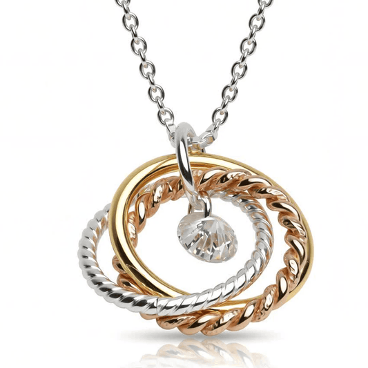Necklace Intertwined 3 tone rings with a CZ drop