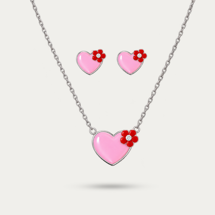 Blisseallure 925 Sterling Silver Pink Heart & Floral Necklace Set for Women