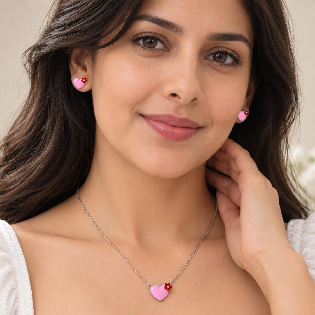 Blisseallure 925 Sterling Silver Pink Heart & Floral Necklace Set for Women