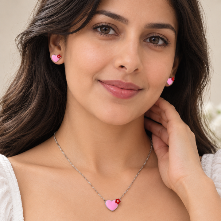 Blisseallure 925 Sterling Silver Pink Heart & Floral Necklace Set for Women
