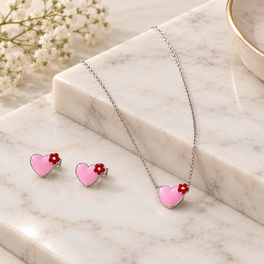 Blisseallure 925 Sterling Silver Pink Heart & Floral Necklace Set for Women