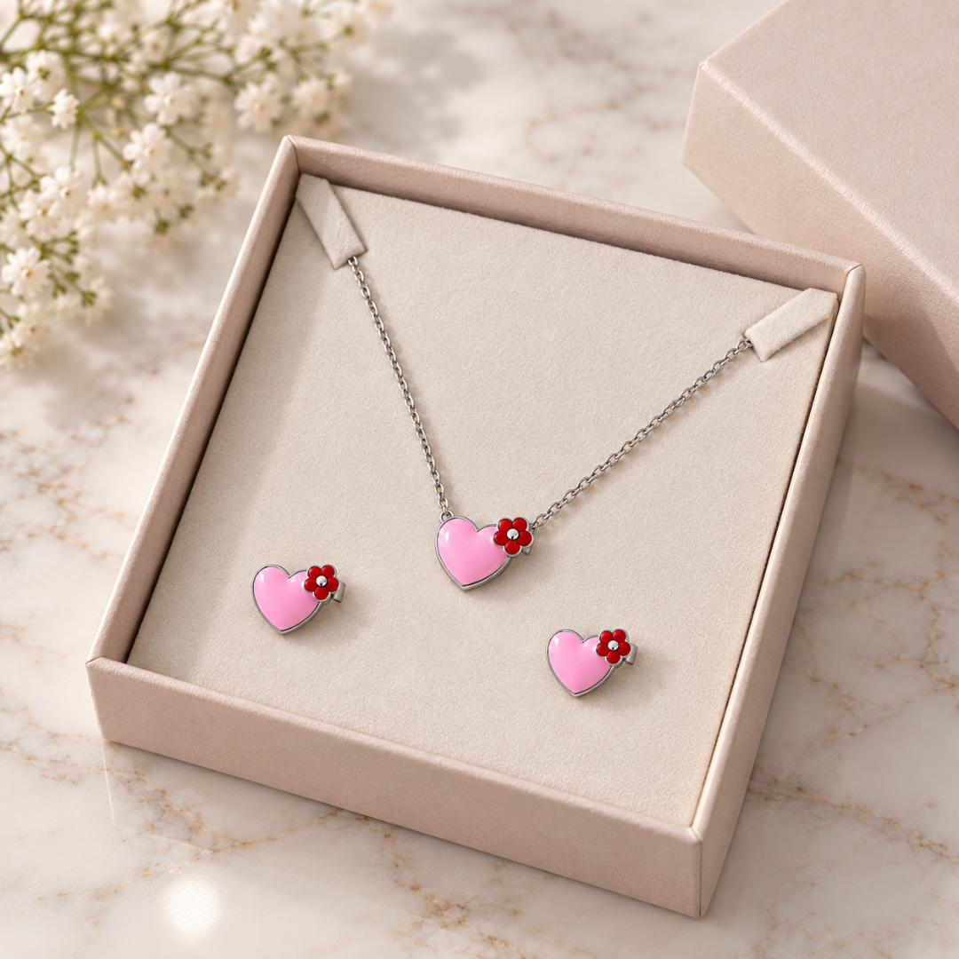 Blisseallure 925 Sterling Silver Pink Heart & Floral Necklace Set for Women