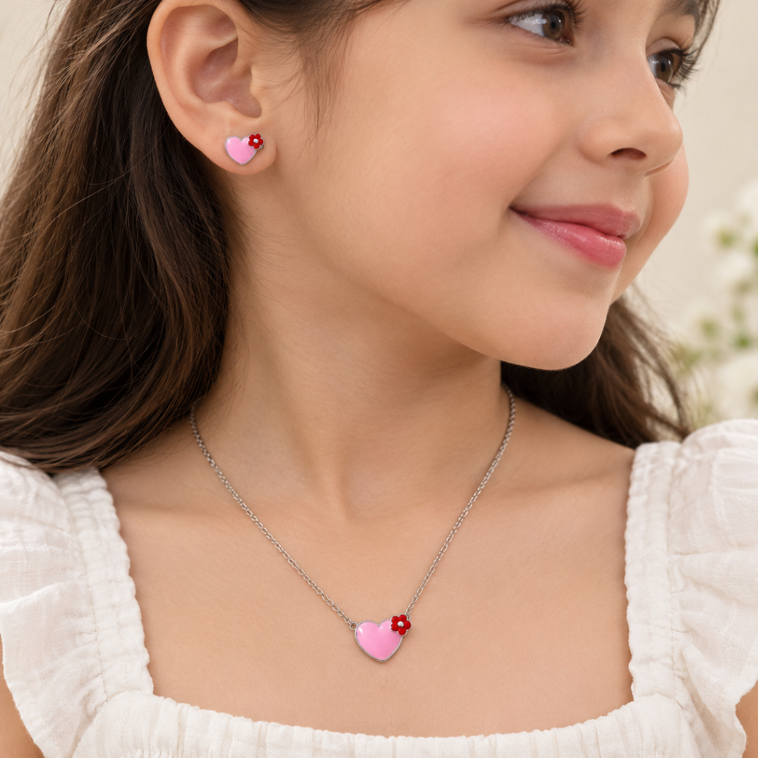 Blisseallure 925 Sterling Silver Pink Heart & Floral Necklace Set for Women