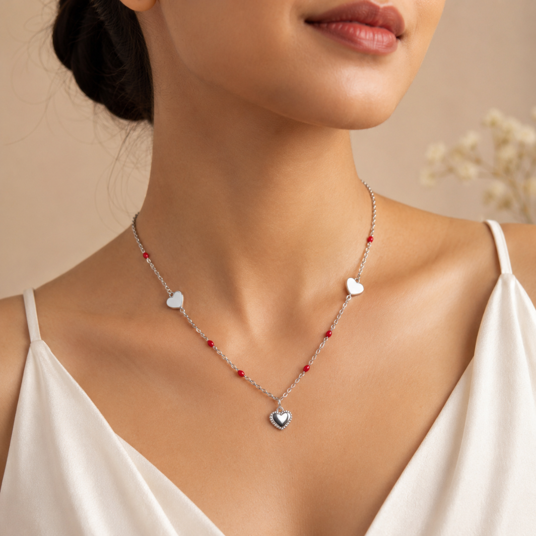 Blisse allure 925 Sterling Silver Dainty Heart & Red Enamel Bead Necklace