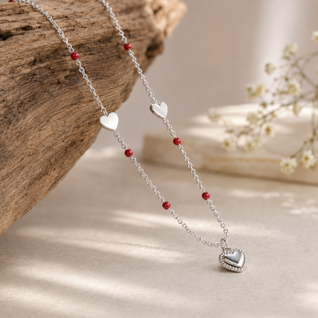 Blisse allure 925 Sterling Silver Dainty Heart & Red Enamel Bead Necklace