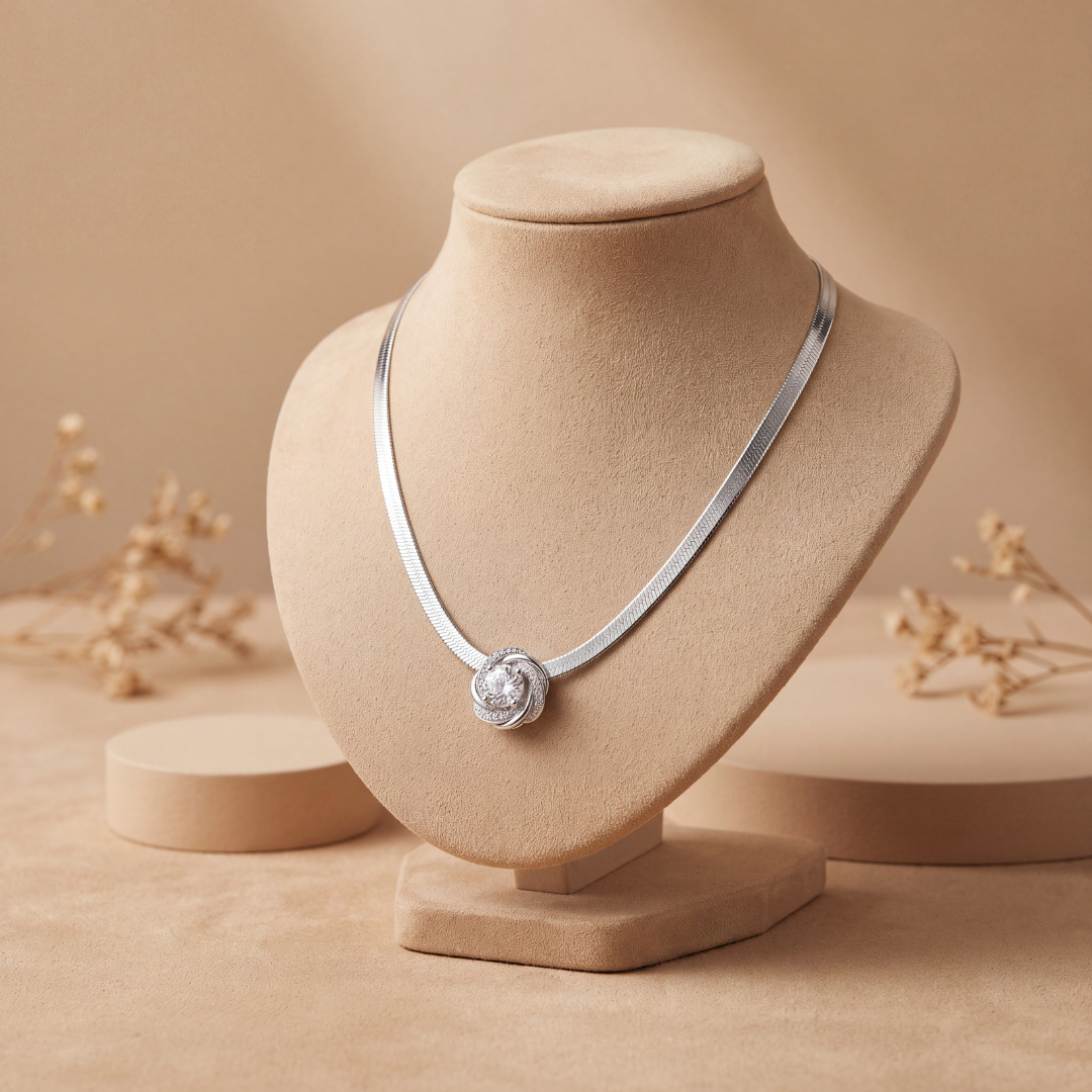 Sparkling Floral Swirl Solitaire Pendant on 925 Sterling Silver Flat Chain
