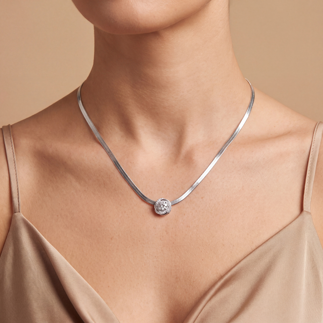 Sparkling Floral Swirl Solitaire Pendant on 925 Sterling Silver Flat Chain