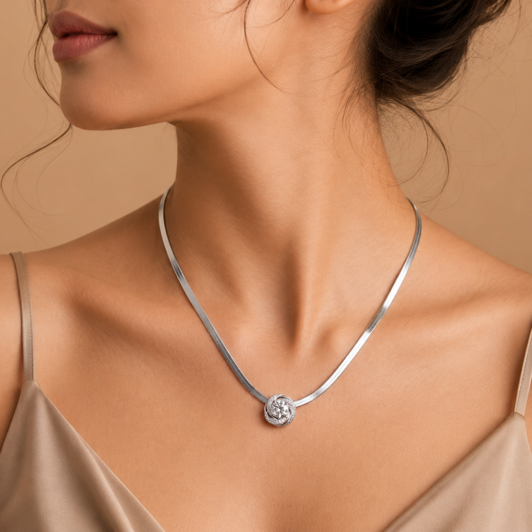 Sparkling Floral Swirl Solitaire Pendant on 925 Sterling Silver Flat Chain