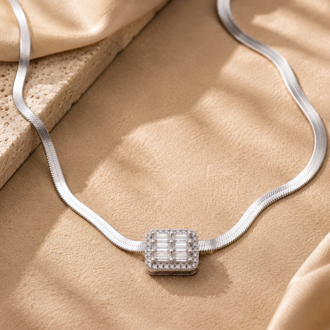 Blisse allure Sparkling Baguette & Round CZ Geometric Pendant on 925 Sterling Silver Flat Chain