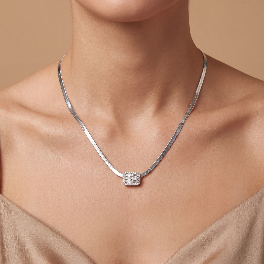 Blisse allure Sparkling Baguette & Round CZ Geometric Pendant on 925 Sterling Silver Flat Chain