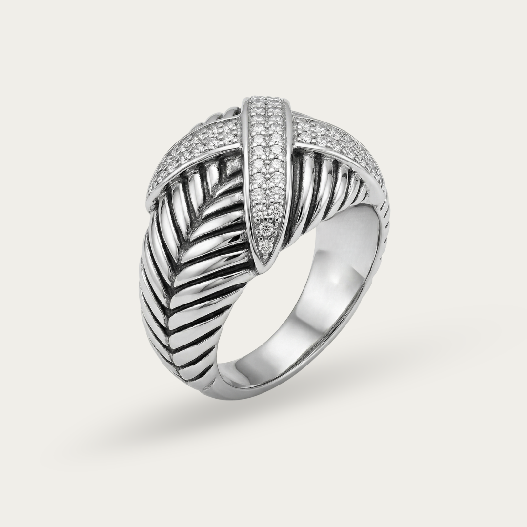 Ring with Leaf-Inspired Pattern and Cross Stone Accent For Men
