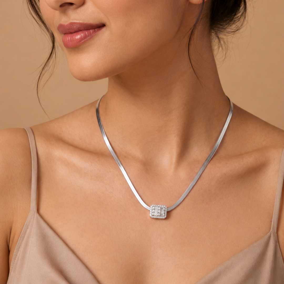 Blisse allure Sparkling Baguette & Round CZ Geometric Pendant on 925 Sterling Silver Flat Chain