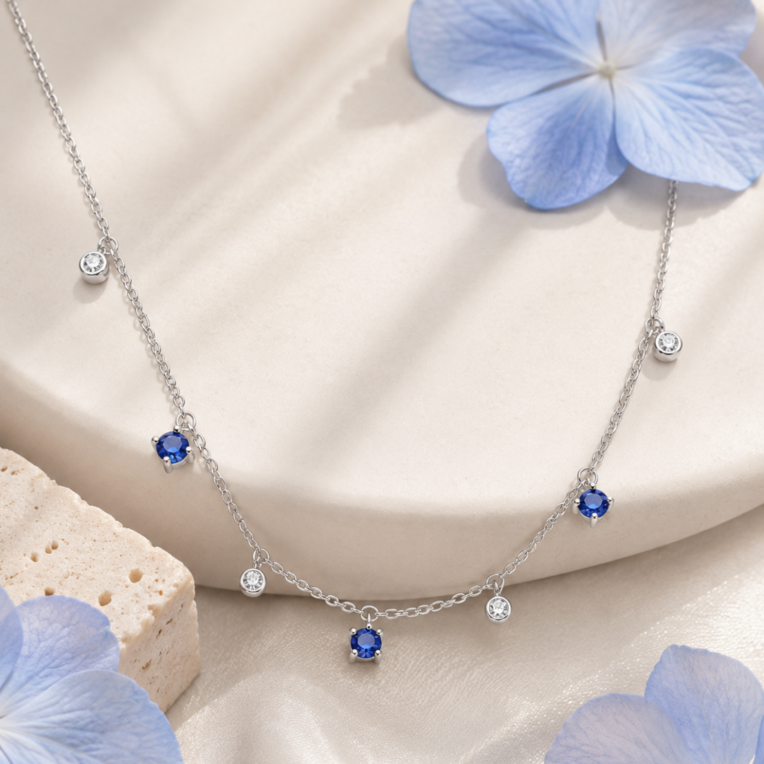 Blisse Allure 925 Silver "Ocean Breeze" Blue & Clear CZ Drop Necklace