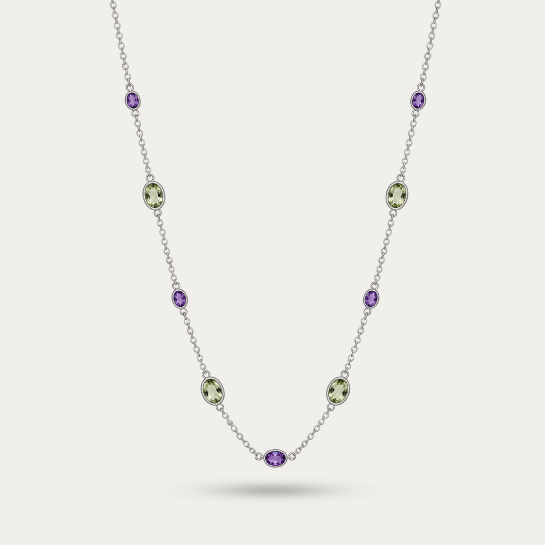 Blisse allure 925 Sterling Silver Amethyst & Green Amethyst Station Long Necklace