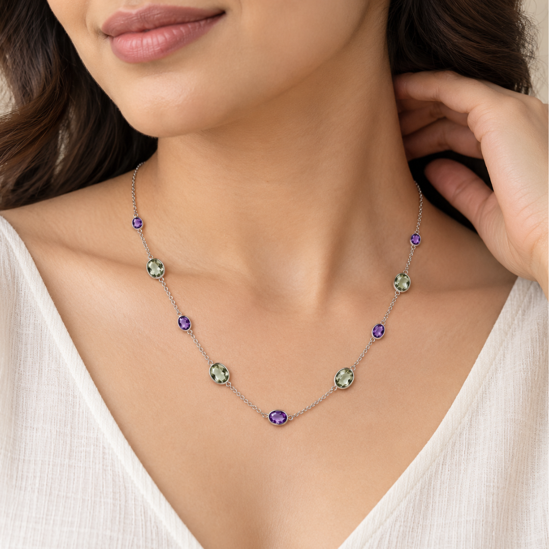 Blisse allure 925 Sterling Silver Amethyst & Green Amethyst Station Long Necklace