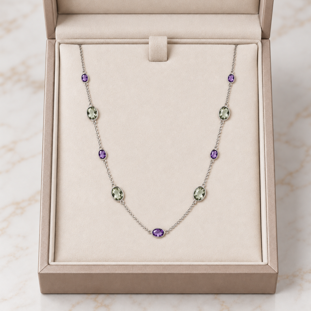 Blisse allure 925 Sterling Silver Amethyst & Green Amethyst Station Long Necklace