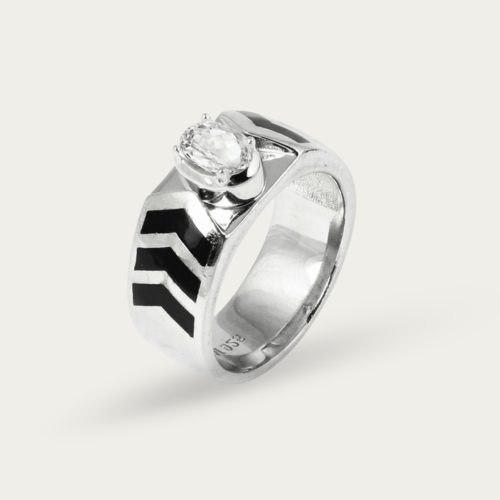 Ring for Men with Chevron Design and Oval-Cut Gemstone