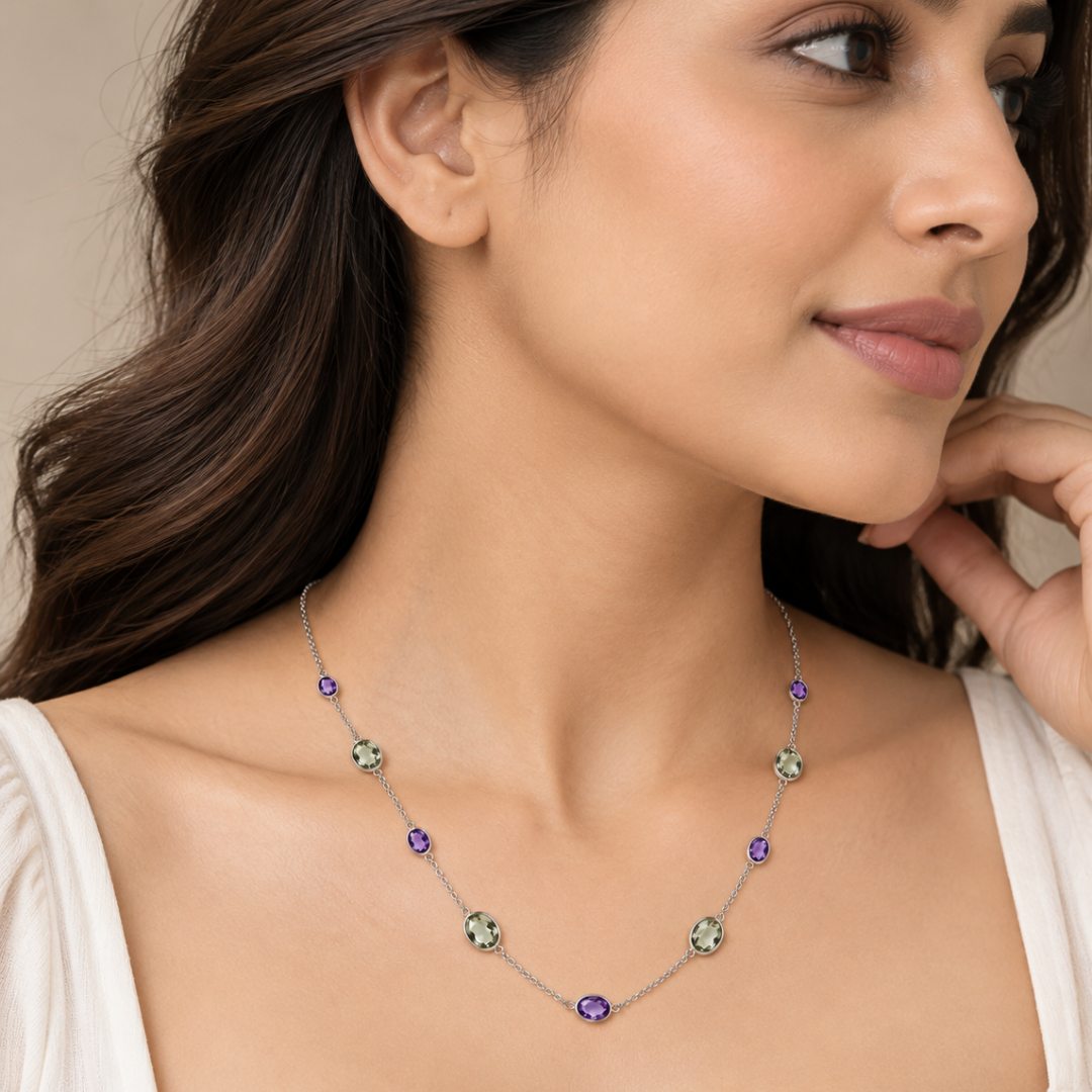 Blisse allure 925 Sterling Silver Amethyst & Green Amethyst Station Long Necklace