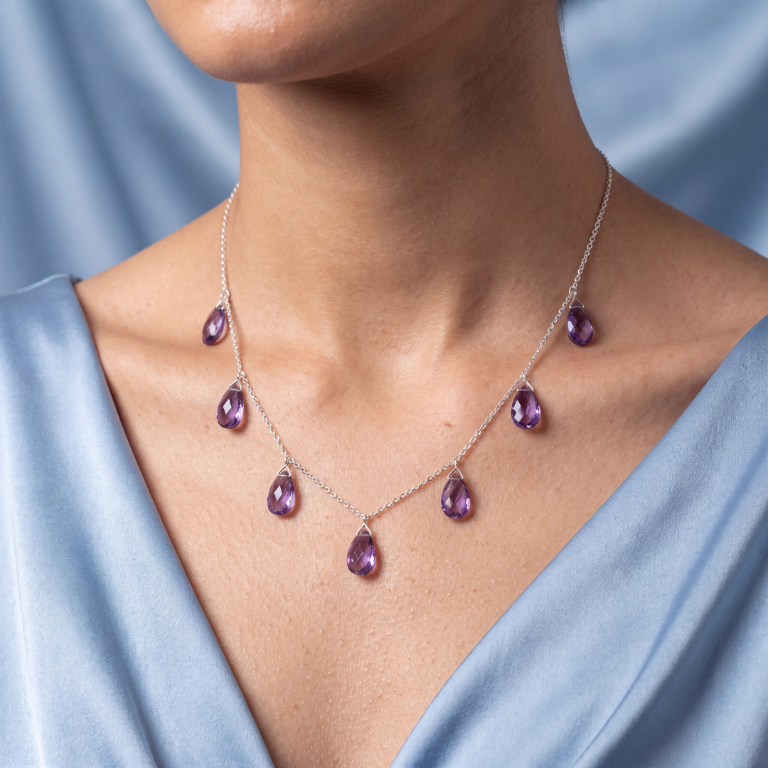 Blisse allure 925 Sterling Silver Amethyst Teardrop Briolette Fringe Necklace