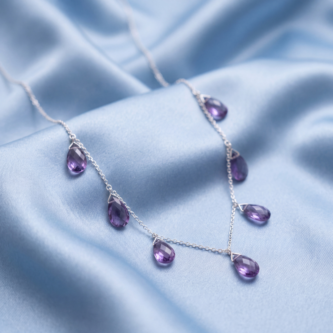 Blisse allure 925 Sterling Silver Amethyst Teardrop Briolette Fringe Necklace