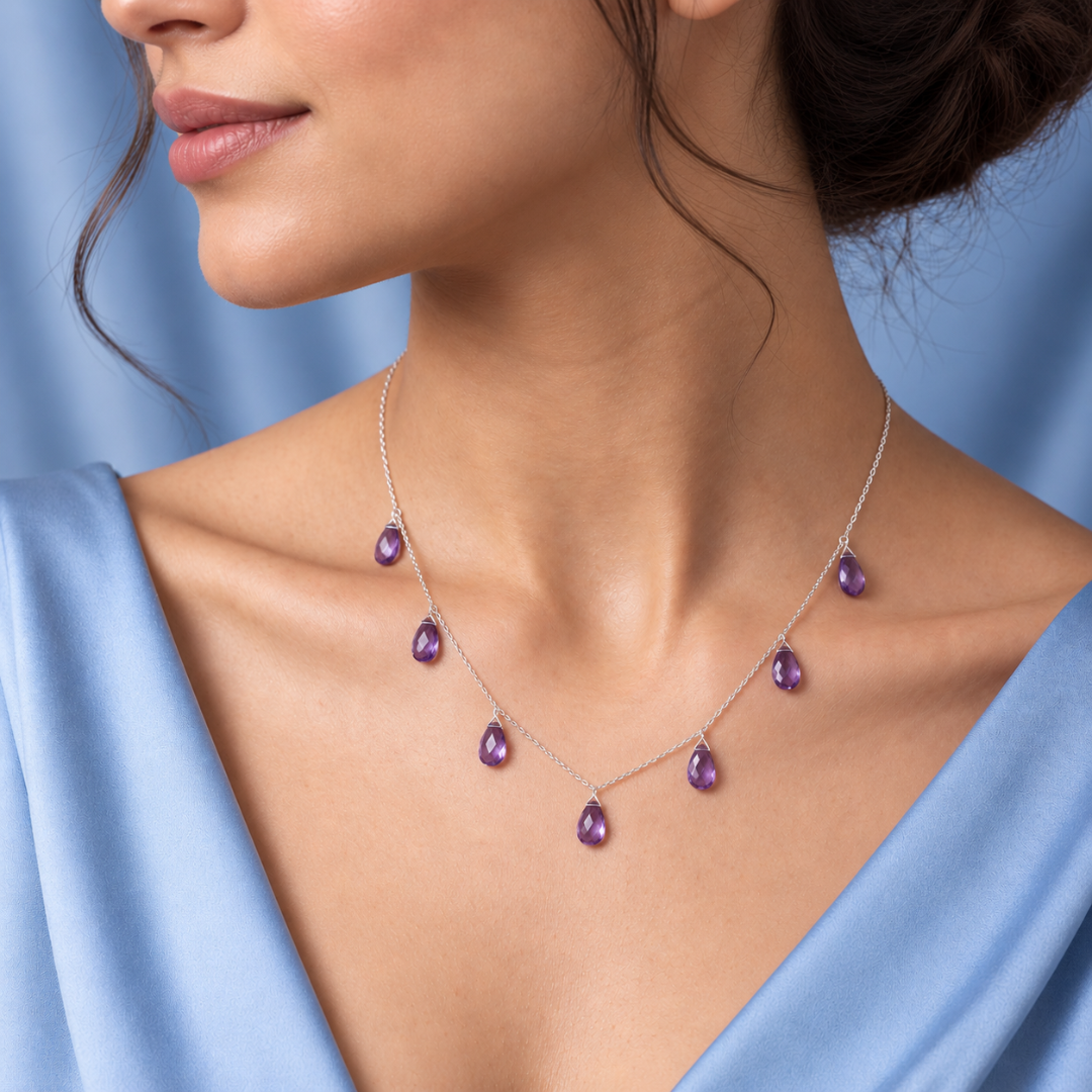 Blisse allure 925 Sterling Silver Amethyst Teardrop Briolette Fringe Necklace