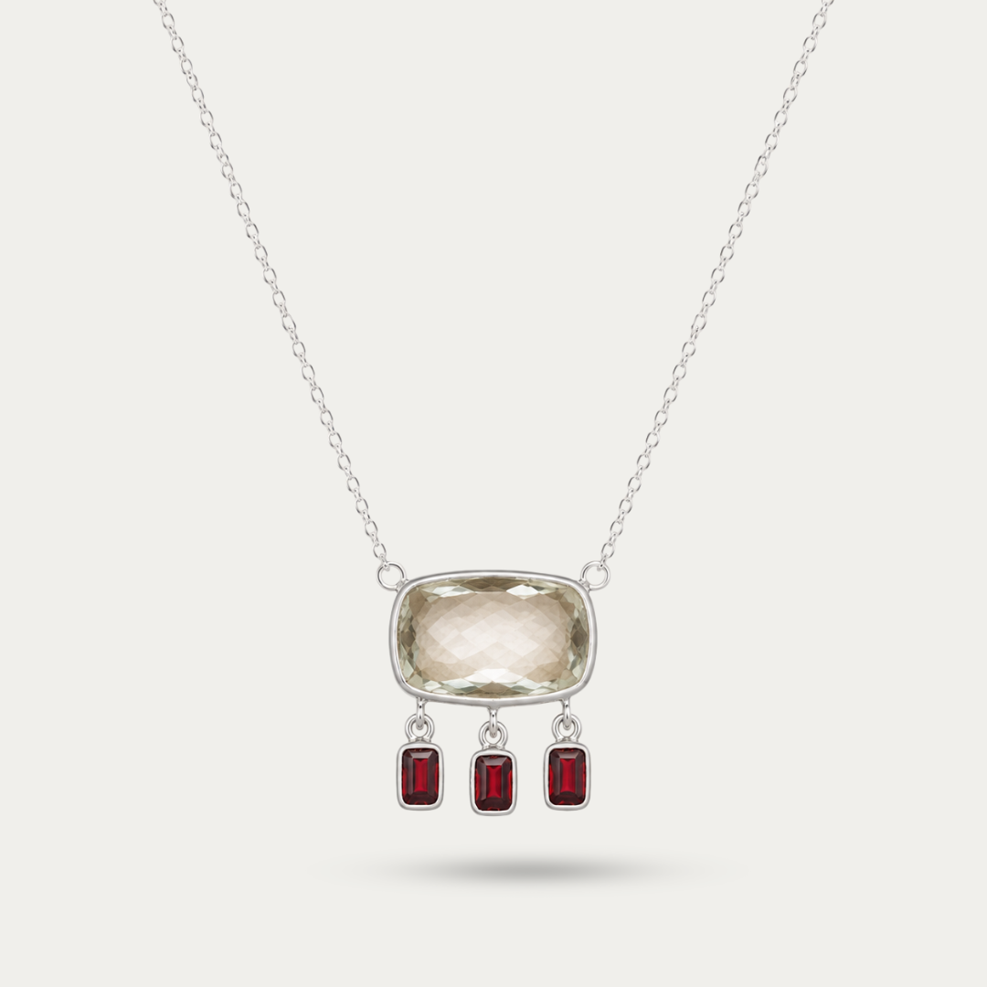 Blisse allure 925 Sterling Silver Green Amethyst & Garnet Fringe Pendant Necklace