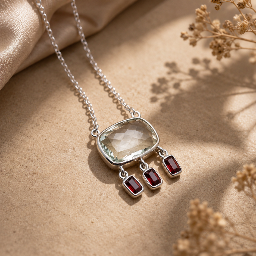 Blisse allure 925 Sterling Silver Green Amethyst & Garnet Fringe Pendant Necklace
